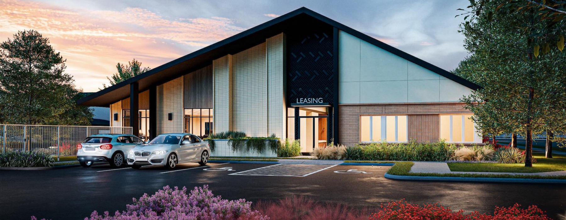 a building with cars parked outside