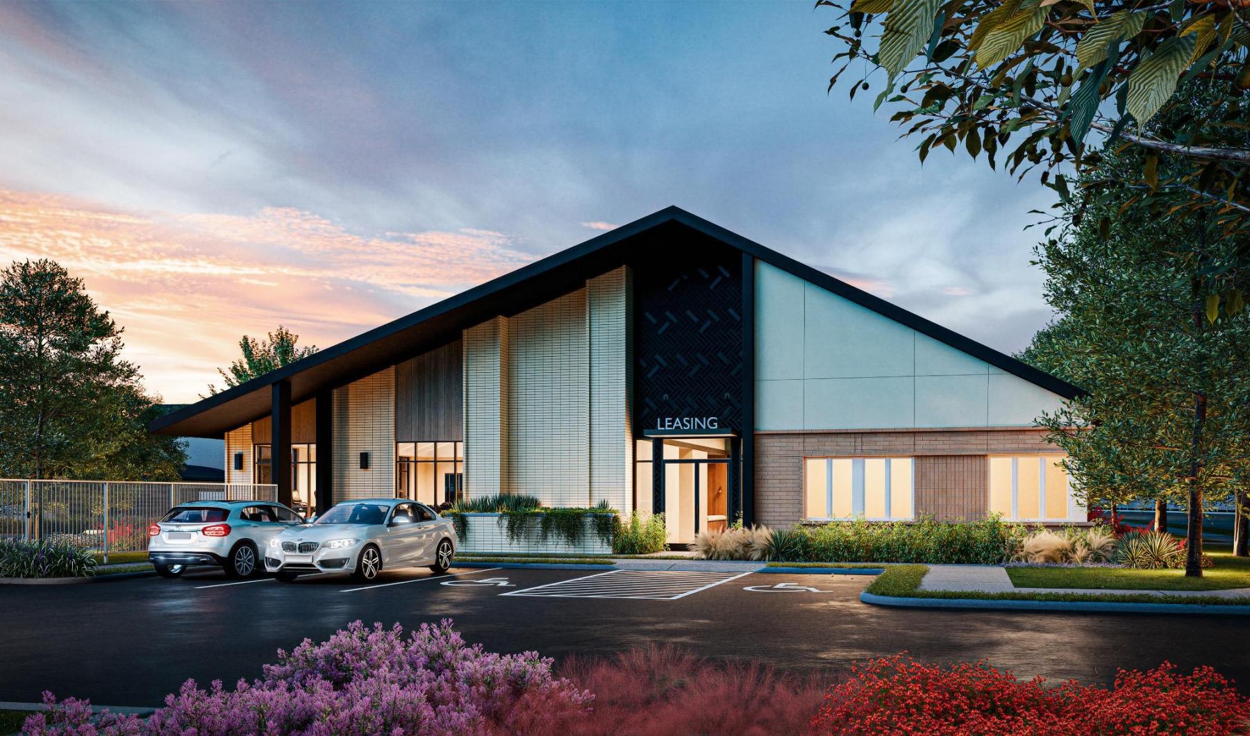 a building with cars parked outside